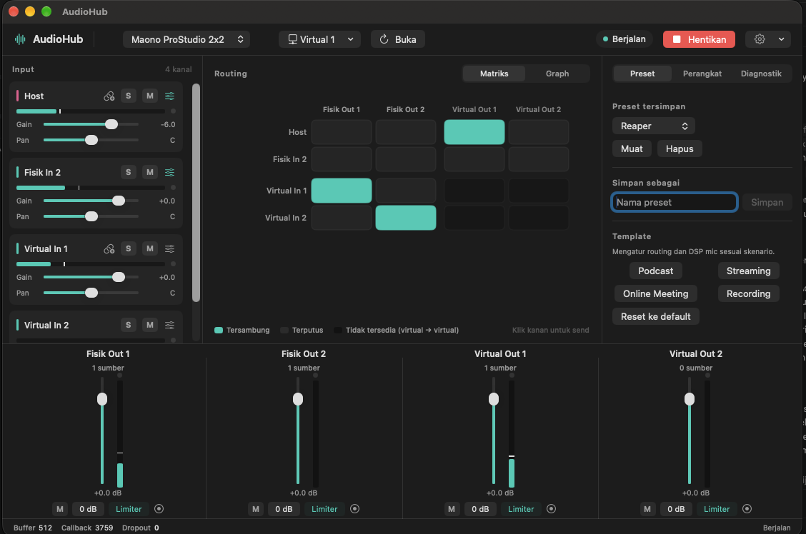 Jendela utama AudioHub dengan tema gelap